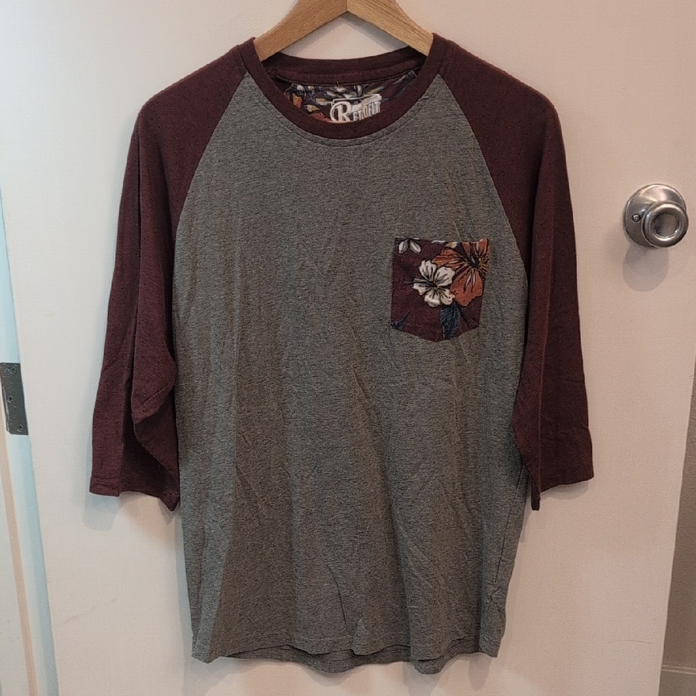Retrofit Maroon and Gray Raglan Tee with Floral Accent